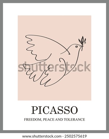 Print peace dove posters. Picasso bird poster. Art imitating Picasso's lines. Exhibition of wall paintings and modern art prints.