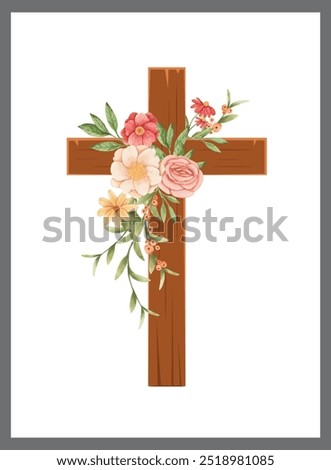 The crucifix. Happy Easter. Christian wooden cross with flowers and leaves. Cross prints are used to decorate homes or churches.