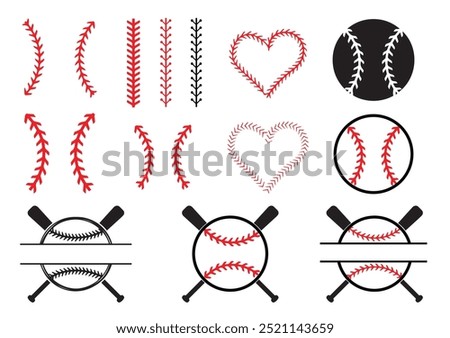 Baseball Stitches and Monograms. Baseball Silhouette, baseball art.  Glossy monogram.