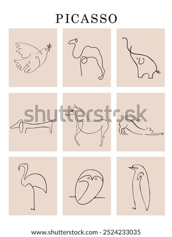 Set of picasso animal vector illustrations. Minimalist posters of cute animals, wall paintings, one-touch decorative art.