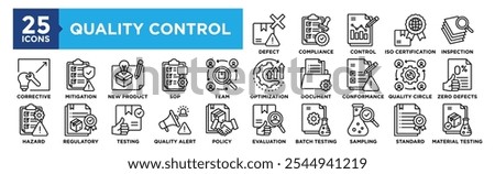 Quality Control icon collection set. Containing design Defect Detection, Compliance Check, Control Chart, ISO Certification, Material Inspection