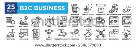 B2C Business icon collection set. Containing design Purchase, Special Offer, Search Bar, Recommendation, Assistance