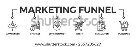 Marketing funnel banner web icon vector illustration concept with icon of awareness, interest, consideration, intent, evaluation and purchase	