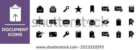 Set of document related line icons. File, page, form, report, search, list etc. Editable stroke