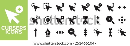 Mouse Cursors and Pointers, linear style icon set. On-screen navigation and user interactions. Cursor designs - arrows, hands. Clicking, selecting, dragging actions. Editable stroke width.