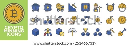 Blockchain icon set with cryptography, hash, encryption, timestamp, data, transaction, nodes and structure.