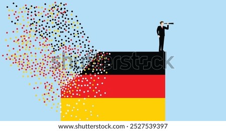 Man standing on destructing German flag and looking through telescope against blue background , National flag of Germany