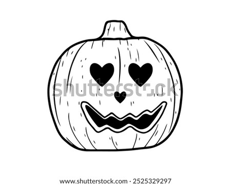 A unique horror pumpkin illustration that blends creepiness with cuteness. The pumpkin’s face is menacing with a wide grin and sharp teeth, but its eyes are heart-shaped in bright pink, giving a sweet