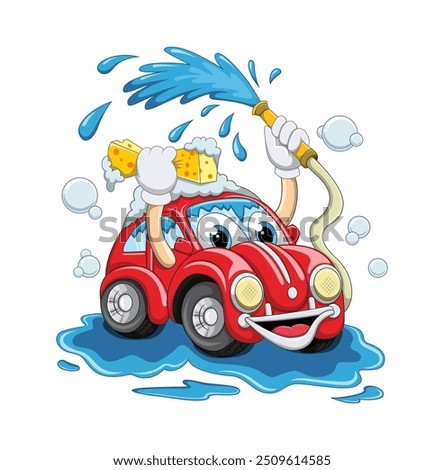 Cartoon car washing with water pipe and sponge vector