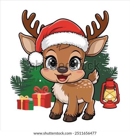 Christmas-themed artwork. An adorable cartoon-style deer is shown in the New Year's drawing next to a Christmas tree and a red bag filled with gifts. Illustration in vector format