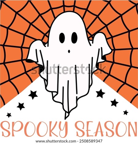 The design features a ghost with a spider web background and stars, accompanied by the text 