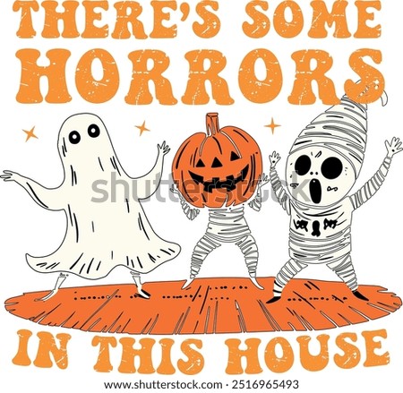 This playful Halloween-themed design features a ghost, a pumpkin-headed figure, and a mummy with the phrase 