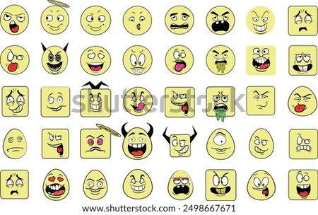 EPS Vibrant set of 40 colorful emojis full of personality. Perfect for adding fun and emotion to digital conversations and designs. High-resolution and varied for playful and vivid communication