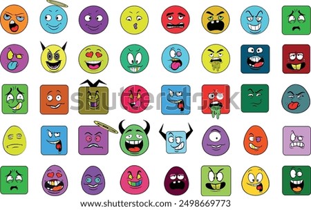 Vibrant set of 40 colorful emojis full of personality. Perfect for adding fun and emotion to digital conversations and designs. High-resolution and varied for playful and vivid communication