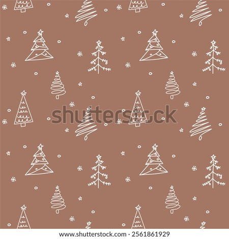 A seamless festive pattern with hand-drawn white Christmas trees, stars, and snowflakes on a Pantone 2025 brown background. Ideal for wrapping paper, holiday decor, and seasonal designs.