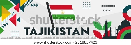 Tajikistan Flag. National day or Independence day design for Tajik celebration. Modern retro design with abstract icons. Central Asia Tajikistan Vector illustration.