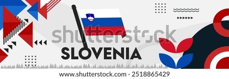 Slovenia national day banner with Slovenian flag background with geometric modern abstract design. Slovene map. Slovenia Central Europe Vector Illustration.