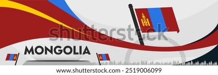 Mongolia Flag. National or Independence day design for Mongolian flag people. Modern retro maroon blue traditional abstract banner cover template. Vector illustration.