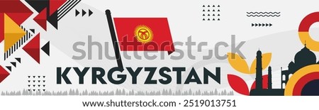 National day of Kyrgyzstan banner, abstract geometric shapes. Kyrgyzstan flag and map. Red yellow colors scheme. Vector Illustration