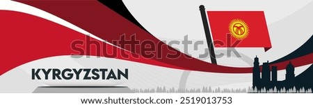 National day of Kyrgyzstan banner, abstract geometric shapes. Kyrgyzstan flag and map. Red yellow colors scheme. Vector Illustration