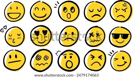 Doodle Emoticon Face Icon Set. Hand Drawn Sketch Emoji with Different Emotion and Mood.