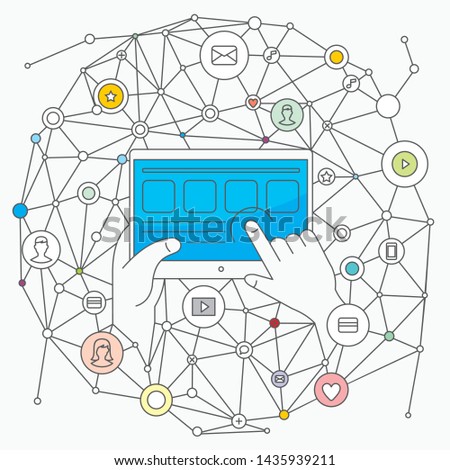 Vector linear image of the computer in hand with an internet connection and a series of linear icons