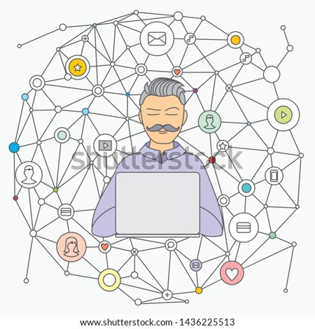 Vector linear image of the young man with computer in hand with an internet connection and a series of linear icons