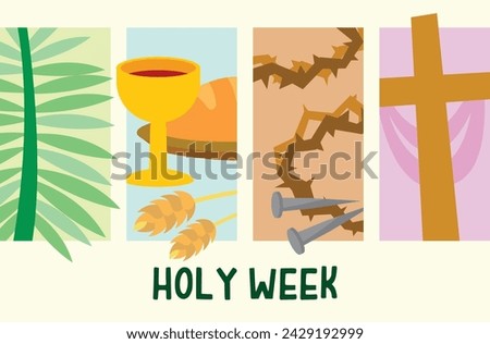 Vector illustration set depicting the events of Christianity's Holy Week, including Lent, Palm Sunday, the crucifixion and death of Jesus on Good Friday, the Stations of the Cross, the Last Supper, an