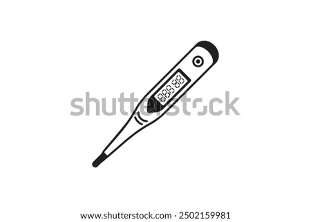 This vector illustration depicts a digital thermometer with a simple black and white design, featuring an LCD screen displaying a temperature reading of 98.6°F.