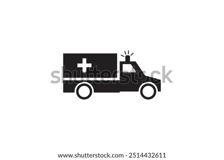 Ambulance vector illustration in black and white with a medical cross on the side. The simple design shows an emergency vehicle with a siren, perfect for healthcare visuals.