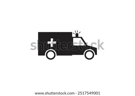 Ambulance vector illustration in black and white with a medical cross on the side. The simple design shows an emergency vehicle with a siren, perfect for healthcare visuals.