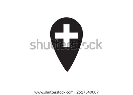 A location pin icon with a medical cross symbol inside, representing healthcare, hospital, or emergency services on maps or navigation systems.