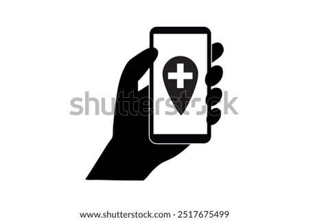 A hand holding a smartphone with a medical location pin icon on the screen, symbolizing healthcare navigation or finding medical services through apps.