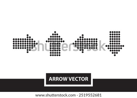 Four bold, dotted arrow shapes formed by black circles, pointing in different directions on a plain white background, creating a simple and modern graphic layout.