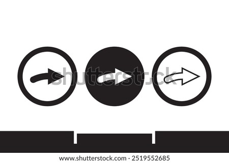 Three black and white circular icons, each containing a right-facing arrow with different designs, representing directional symbols in a minimalist style on a white background.