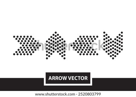 Four bold, dotted arrow shapes formed by black circles, pointing in different directions on a plain white background, creating a simple and modern graphic layout.