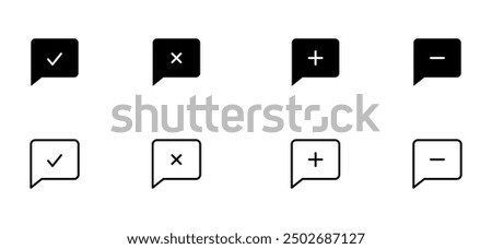 Message icon set. Email and Chat plus, minus, right, wrong, comment plus, comment minus, comment upload, comment download, chat box, chat, communications. Editable stroke. Vector illustration.