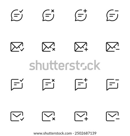 Chat icon set. Chat plus, minus, right, wrong, comment plus, comment minus, comment upload, comment download, chat box, chat, communications. Editable stroke. Vector illustration.