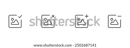 Image icon vector. Add image, Add Photo sign. remove image icon. right photo, photo cross icon. Editable stroke. Vector illustration.