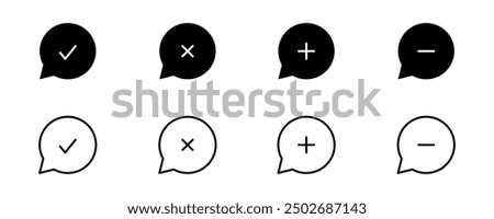 Message icon set. Email and Chat plus, minus, right, wrong, comment plus, comment minus, comment upload, comment download, chat box, chat, communications. Editable stroke. Vector illustration.