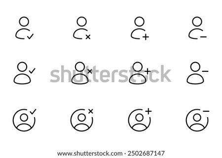 Add and remove user icons. Person icons with plus and minus symbols. Editable stroke. Vector illustration.