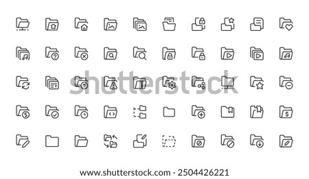 Folder icon set. File catalog, document search, folder synchronization, local network vector illustrations. Outline minimal signs. Editable Stroke. Suitable for Web Page, Mobile App, Ui ux