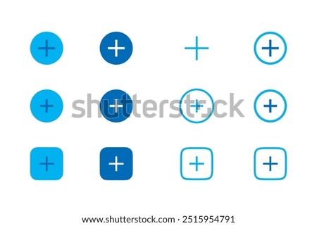 Add and Plus Sign Icon Set. A collection of blue add icons featuring various plus signs in different shapes and styles, including circular, square, and outlined designs.