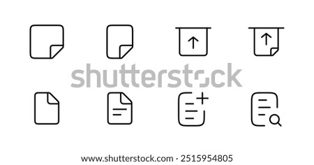 Document and File Management Icon Set. A collection of icons representing different aspects of document and file management, including file uploads, new files, and search functions.
