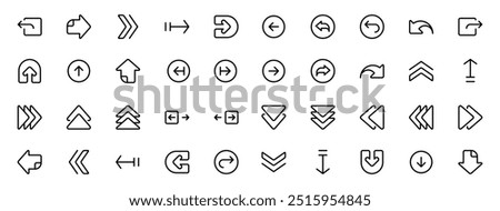 Directional Arrow and Navigation Icon Set. A versatile set of icons featuring directional arrows for navigation, including up, down, left, right, circular, and double arrows in a minimalist outline st