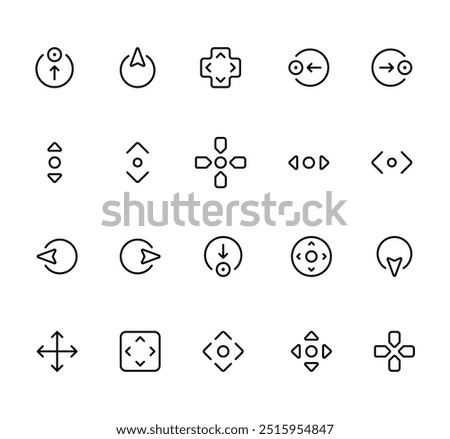 Directional and Navigation Control Icon Set. A collection of icons representing directional controls and navigation, featuring arrows, d-pads, circular and cross directional indicators in a minimalist