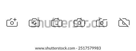 Camera icon set. Front, back camera, switch from front to back camera, no camera, smile, Selfie, no picture outline flat icon for apps icon vector on white background	