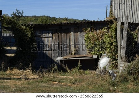 Similar – Image, Stock Photo Old grey wooden window with fly screen in the dilapidated corrugated iron facade of an old house in summer sunshine in the province in the village of Maksudiye near Adapazari in the province of Sakarya in Turkey, photographed in neo-realistic black and white