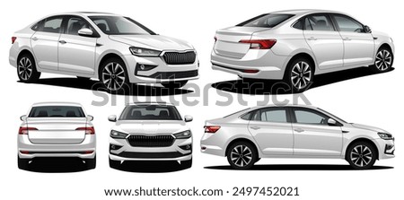 vector realistic 3d illustration white car with gradients and perspective from front back and isometric view	