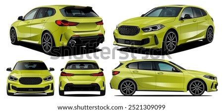 Realistic vector yellow car in front back side and isometric view , isolated in transparent background 